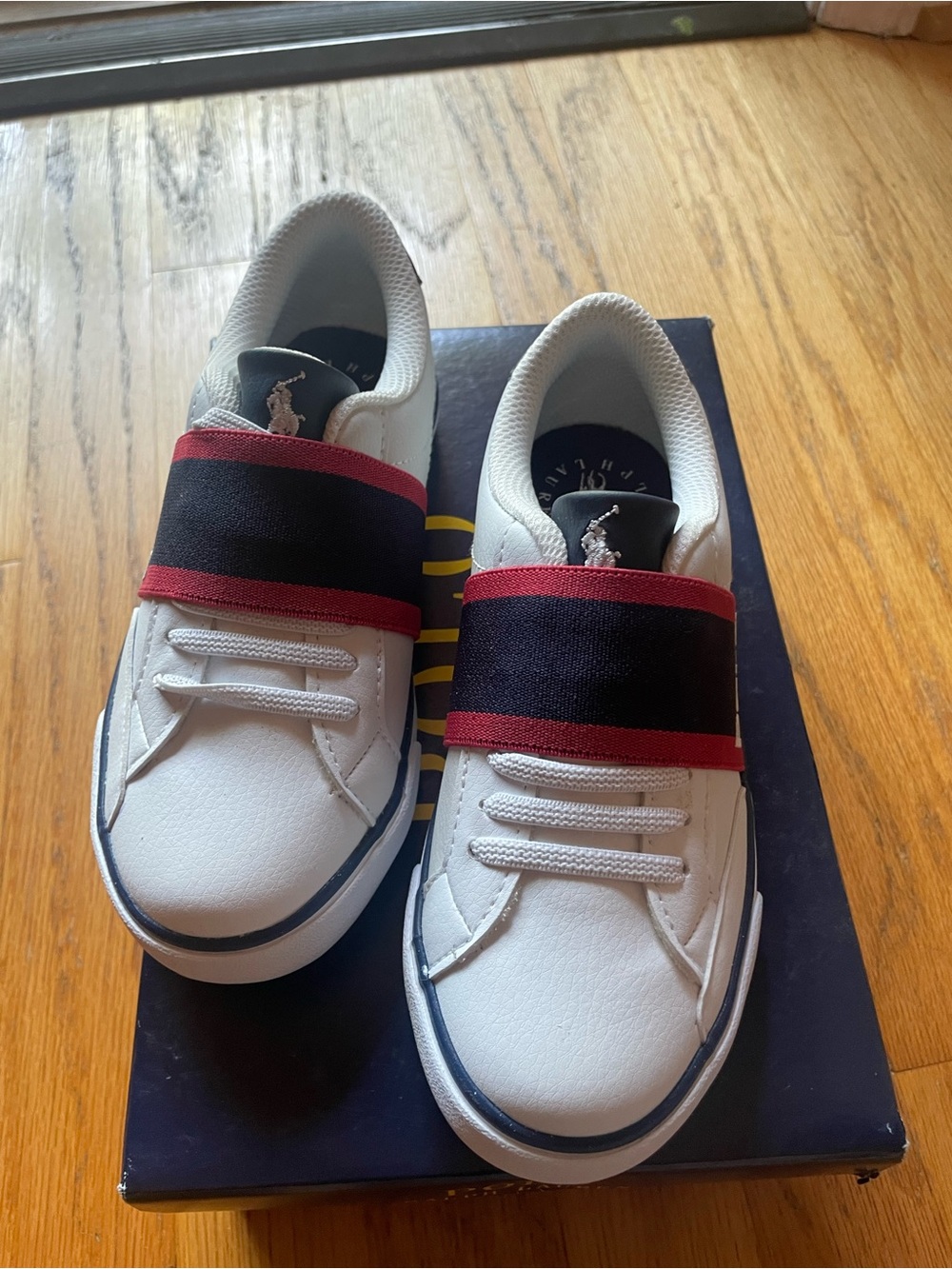 NWT Polo Ralph Lauren Kids Theron White Navy Red Slip On sneakers Kids 12 - Picture 2 of 4
